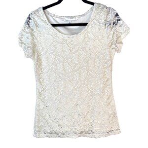 2/$30 Banana Republic Cream Lace Short Sleeve Top M Floral Nylon/Spandex/Polyest